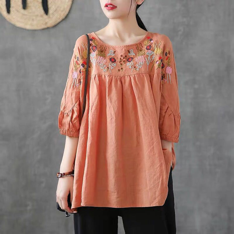 Retro Embroidery Small Flower Round Neck Short-Sleeved T-Shirt Women Loose Baby Shirt Summer And Autumn New Five-Point Sleeve Cotton Top Beauty hair & fashionfj