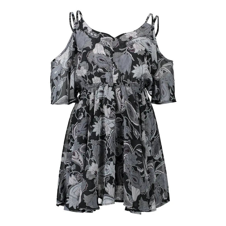 Plus Size Women Dresses Spaghetti Strap V-neck Printed Loose Chiffon Dress Off Shoulder Beauty hair & fashionfj