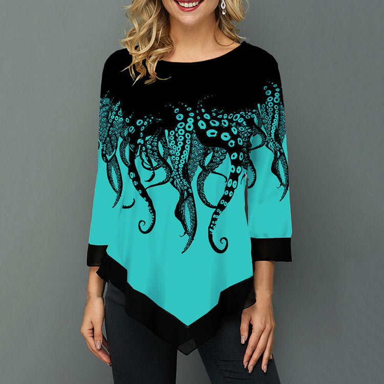 Printed stitching cropped sleeve T-shirt Beauty hair & fashionfj