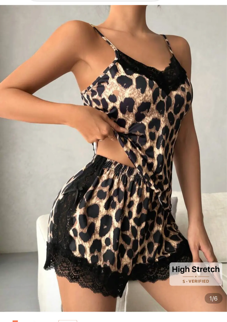 Coupledup Leopard print contrast lace pj/ pijama set Beauty hair & fashionfj
