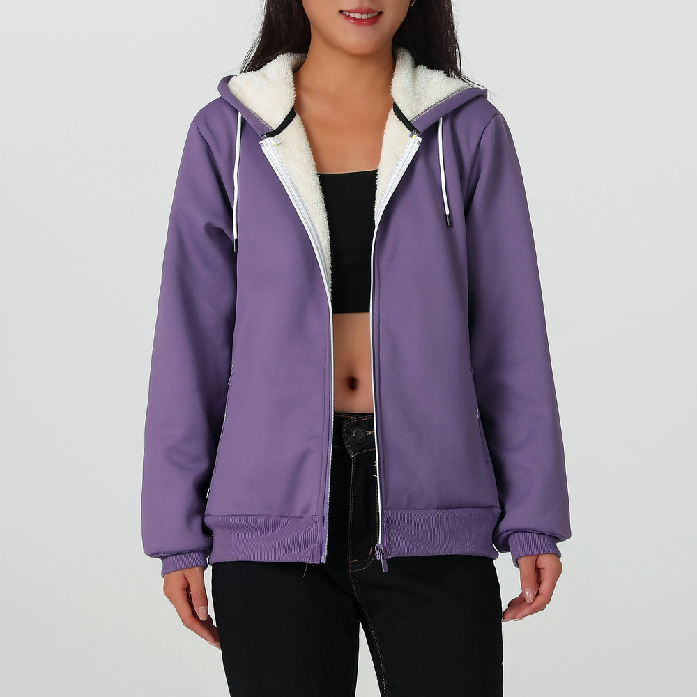 A Winter Women's Jacket, Fleece-Lined and Thickened for Warmth, Loose Casual Women's Outerwear, Polyester Fabric, Zip-Up Front, Side Zipper Pockets, Solid Color Hooded Jacket, Hidden Large Pockets Inside