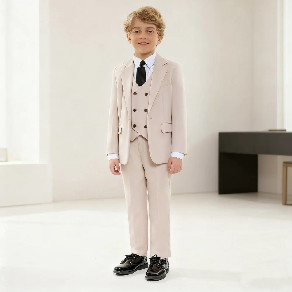 Stylish Boys'  Solid Suits for Boys 3-Piece Smart Handsome Boy's Tuxedo Formal Outfit For Kids Blazer Vest And Pants For Party