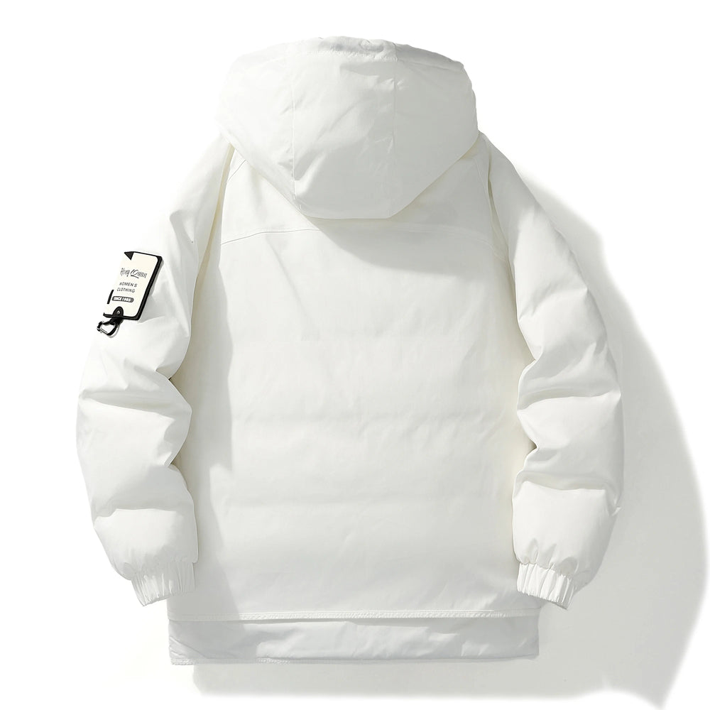White Winter Down Jacket for Casual Wear, Hooded Style, Unique Brand Labels, Wind - Resistant & Insulated
