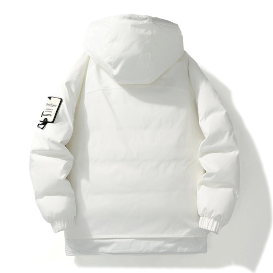 White Winter Down Jacket for Casual Wear, Hooded Style, Unique Brand Labels, Wind - Resistant & Insulated
