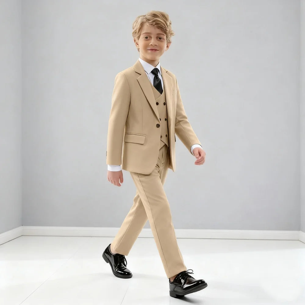Stylish Boys'  Solid Suits for Boys 3-Piece Smart Handsome Boy's Tuxedo Formal Outfit For Kids Blazer Vest And Pants For Party