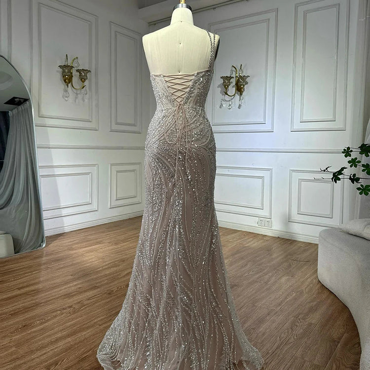 Serene Hill 2025 Customized Nude Beaded One-Shoulder Evening Dresses With Crystal Embellishments For Formal Occasion LA72872 Beauty hair & fashionfj
