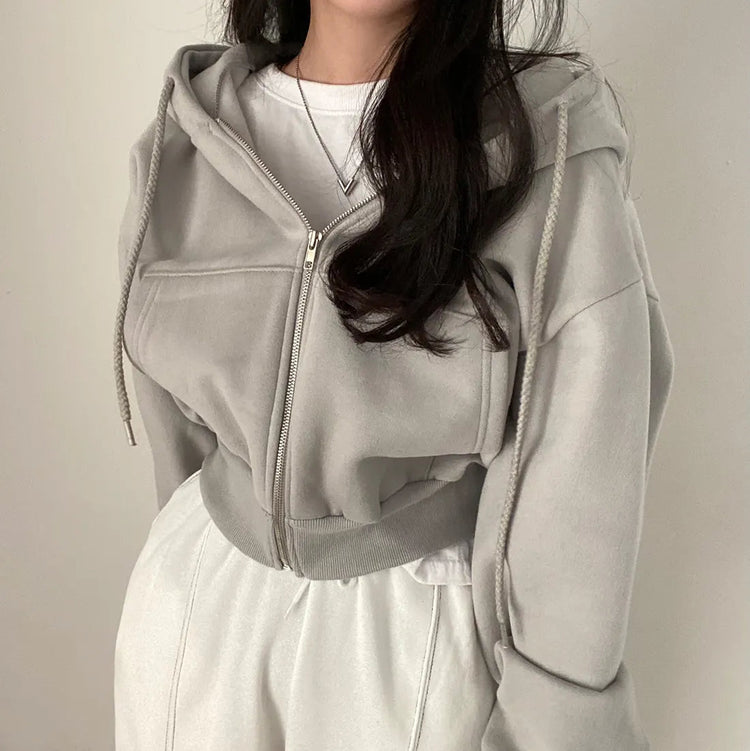 Casual Hood Sweatshirt Women Y2K Zip Up Hoodies Solid Harajuku Long Sleeve Shirt Oversized Crop Tops Female Loose Jackets Coat Beauty hair & fashionfj
