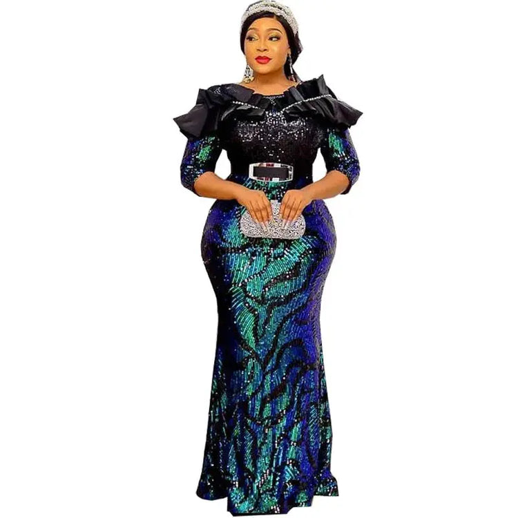 African Dresses For Women 2022 Lady Elegant Glittering Evening Dress Sparkle Sequin Sexy Sheath Maxi Party Gowns Come With Belt Beauty hair & fashionfj