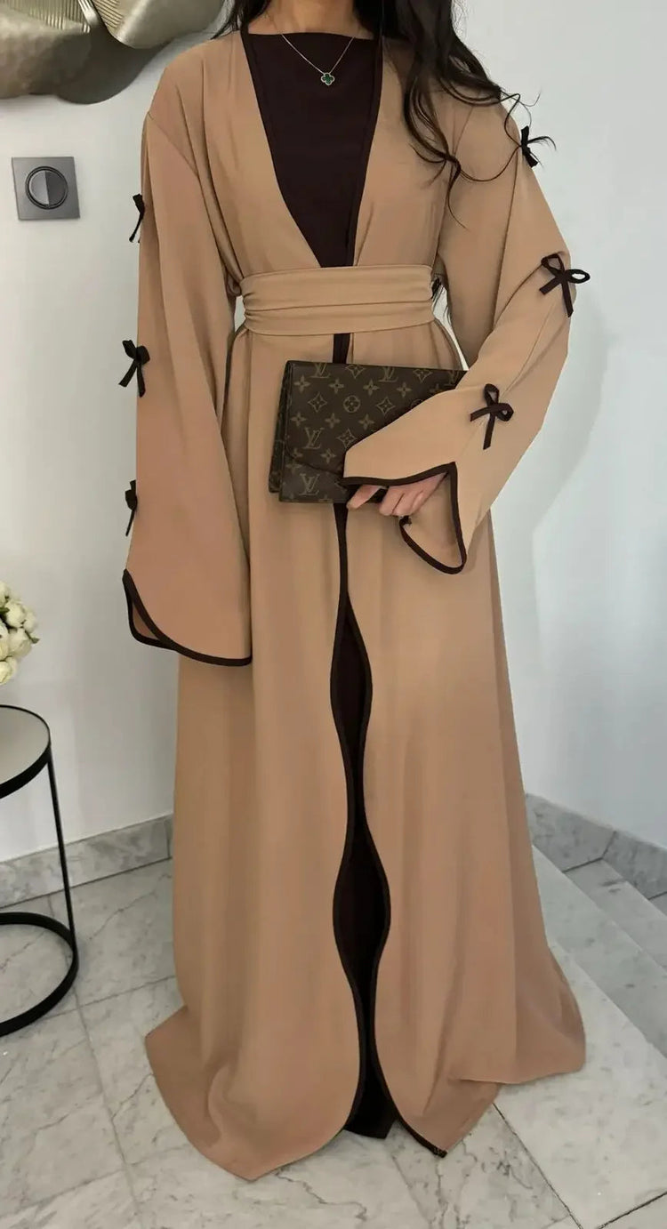 Women Muslim Arab Bow Round Neck Gown Long Sleeves Corset Ramadan Elegant Loose Cardigan Beauty hair & fashionfj