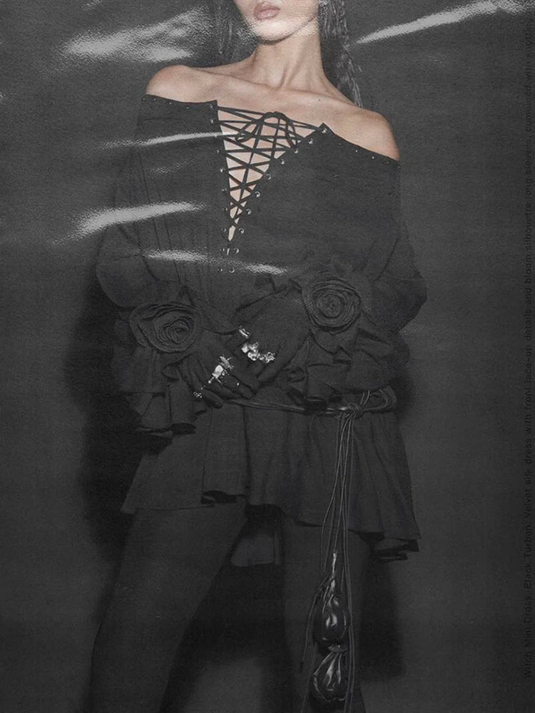 TWOTWINSTYLE Solid Lace Up Loose Dresses For Women Slash Neck Long Sleeve High Waist Designer Mini Dress Female Fashion Style Beauty hair & fashionfj