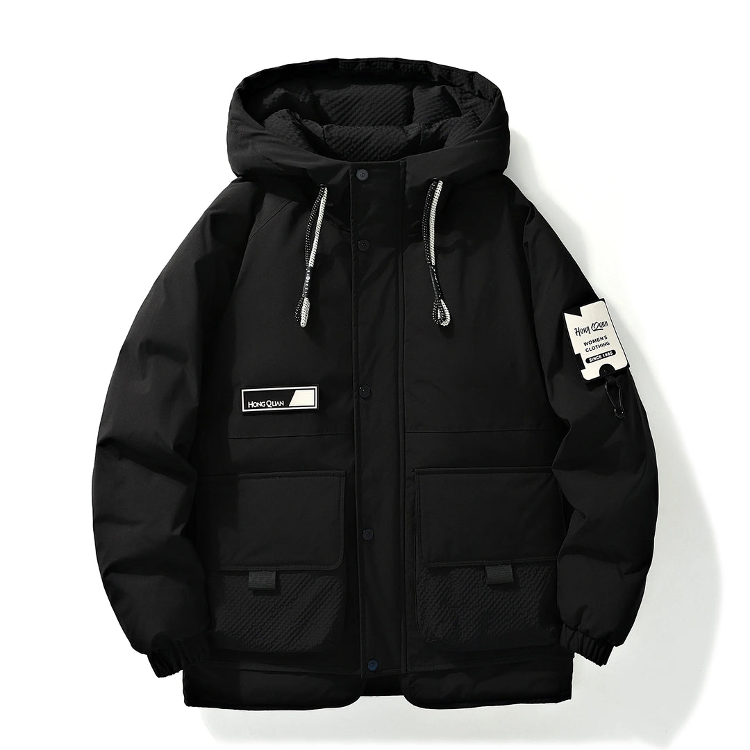 White Winter Down Jacket for Casual Wear, Hooded Style, Unique Brand Labels, Wind - Resistant & Insulated