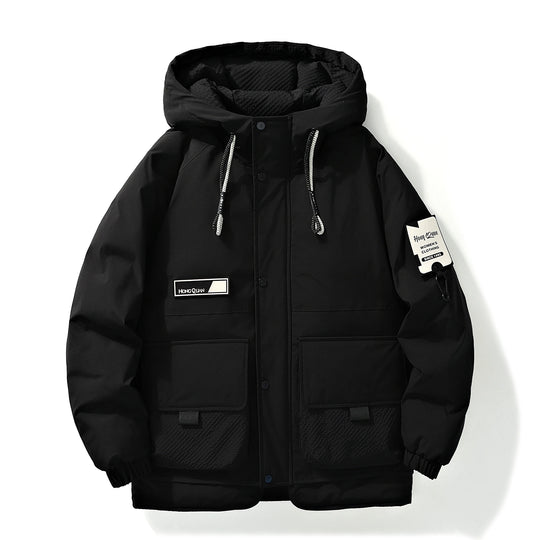White Winter Down Jacket for Casual Wear, Hooded Style, Unique Brand Labels, Wind - Resistant & Insulated