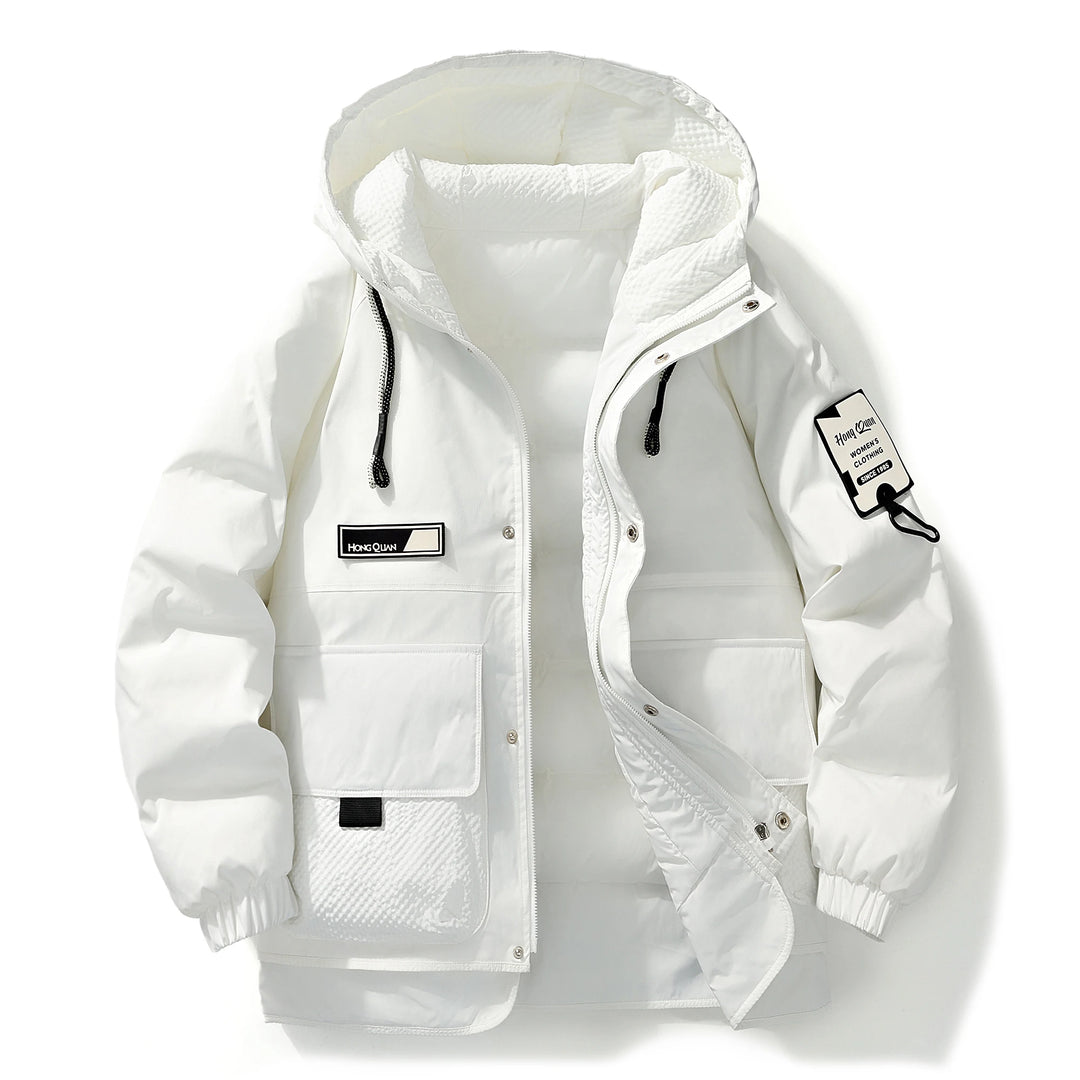 White Winter Down Jacket for Casual Wear, Hooded Style, Unique Brand Labels, Wind - Resistant & Insulated