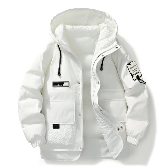 White Winter Down Jacket for Casual Wear, Hooded Style, Unique Brand Labels, Wind - Resistant & Insulated