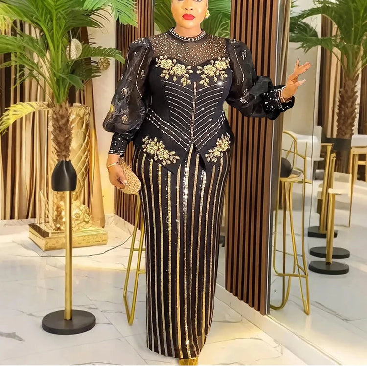 Elegant African Dresses for Woman 2025 New Sequined Diamond Plus Size Luxury Evening Party Dashiki Ankara Outfits Robes Clothes Beauty hair & fashionfj