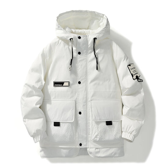 White Winter Down Jacket for Casual Wear, Hooded Style, Unique Brand Labels, Wind - Resistant & Insulated