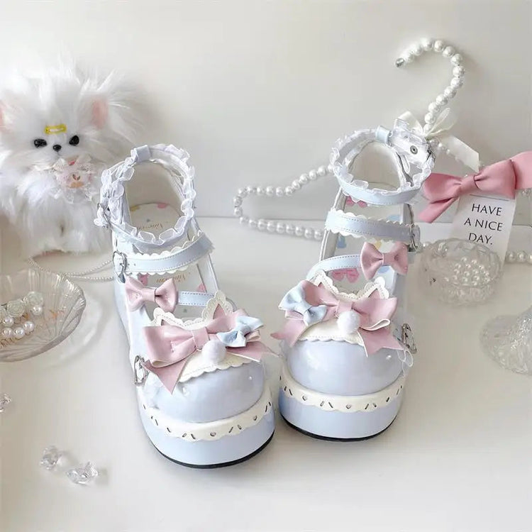 Sweet Girls Lolita Cute Bowknots Platform Shoes Kawaii Love Buckle Alice Flat Elevator Shoes Mary Janes Beauty hair & fashionfj