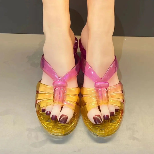 Women's Sandals High Heel Sandals Summer  Jelly Shoes Flat Slippers Home Flip-Flops Outdoor Retro Sandals Transparent Slippers Beauty hair & fashionfj