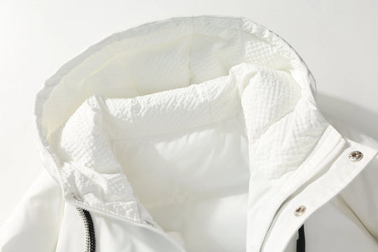 White Winter Down Jacket for Casual Wear, Hooded Style, Unique Brand Labels, Wind - Resistant & Insulated