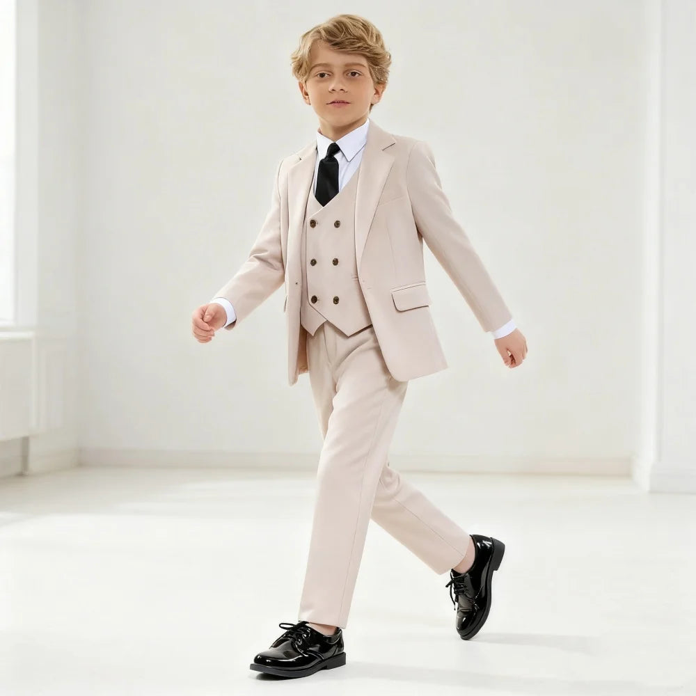 Stylish Boys'  Solid Suits for Boys 3-Piece Smart Handsome Boy's Tuxedo Formal Outfit For Kids Blazer Vest And Pants For Party