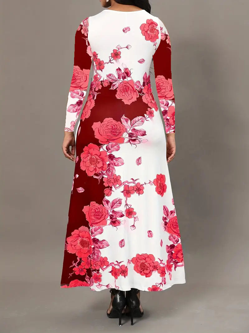 Round Neck Long Sleeve Printed Pocket Waist-controlled Large Hem Dress Beauty hair & fashionfj