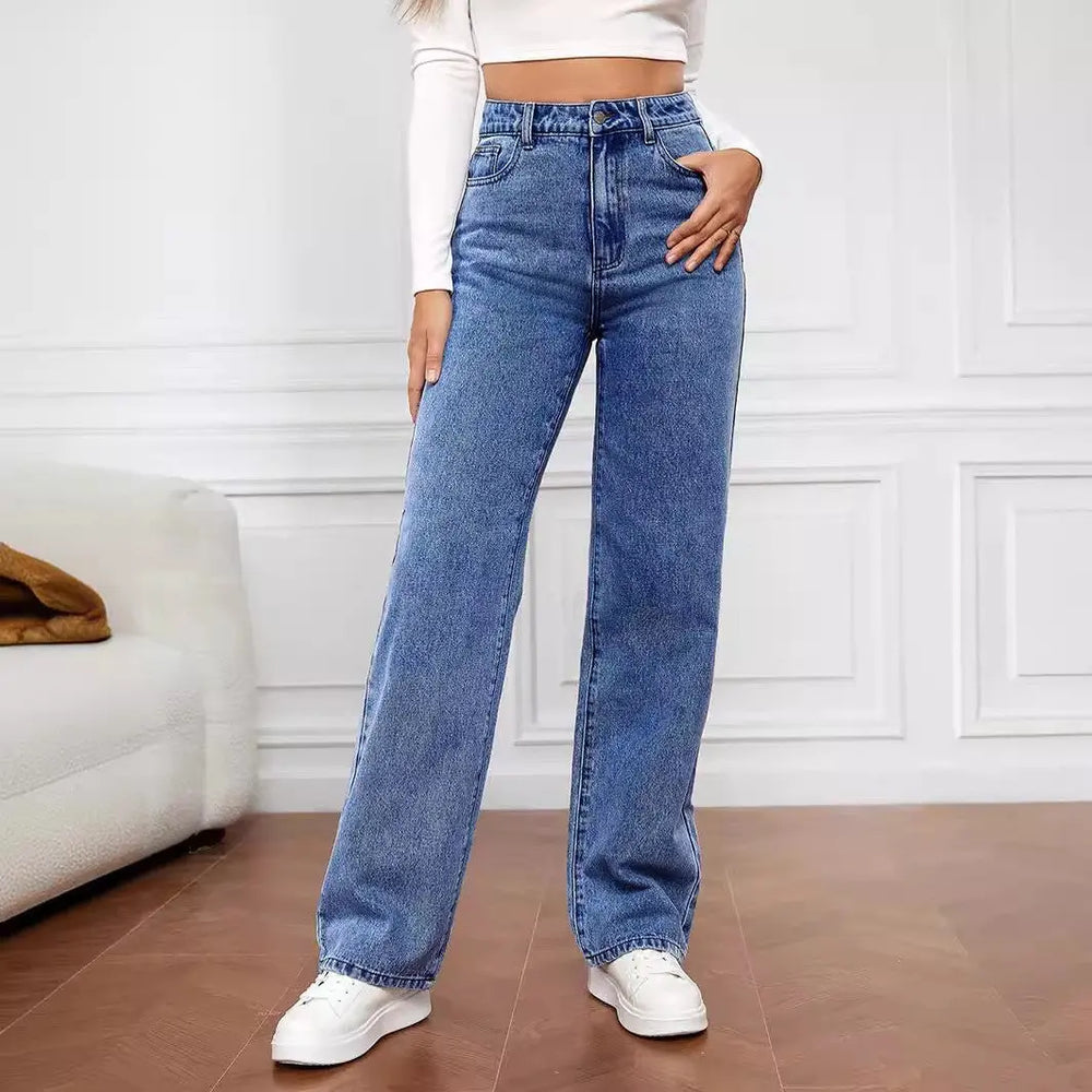 Washed Fashion Straight Jeans Women's Mid Waist Beauty hair & fashionfj