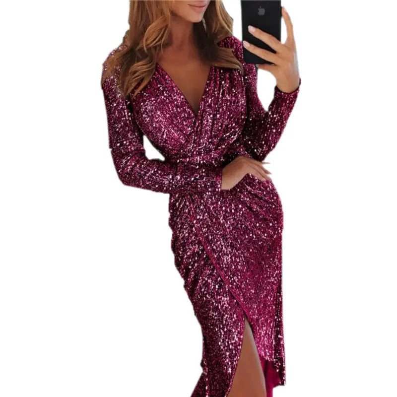 Sequined Collar Glittering Glitter Dress Dinner Sexy Dress Beauty hair & fashionfj
