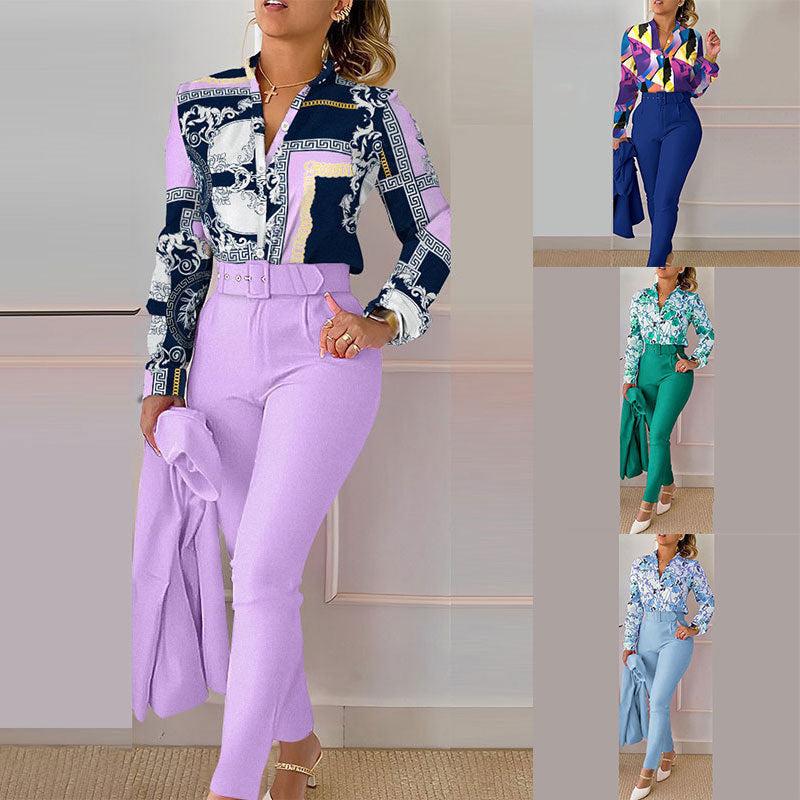Women's Fashionable Printed Long-sleeved Shirt And Trousers Suit Beauty hair & fashionfj