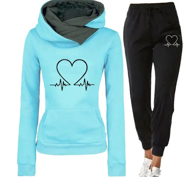 Love Heart Printed Sports Suit Hooded Sweatshirt Top And Drawstring Pants Fashion Casual Clothing For Women Beauty hair & fashionfj