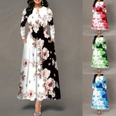 Round Neck Long Sleeve Printed Pocket Waist-controlled Large Hem Dress Beauty hair & fashionfj