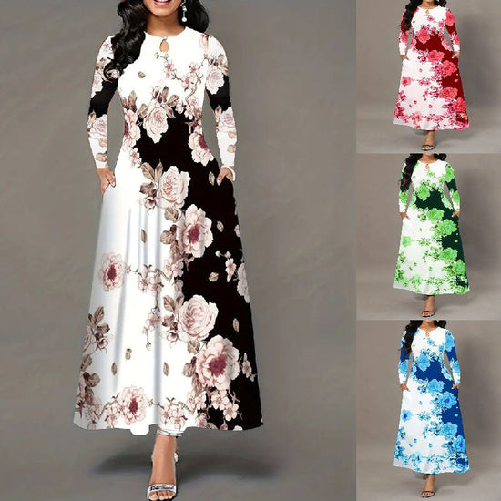 Round Neck Long Sleeve Printed Pocket Waist-controlled Large Hem Dress Beauty hair & fashionfj