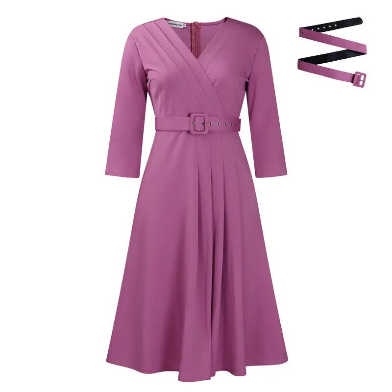Women's Elegant V-Neck Cross-Wrap A-Line Dress With Belt & Ruffled Hem - Office & Casual Solid Dress For Spring&Summer Beauty hair & fashionfj