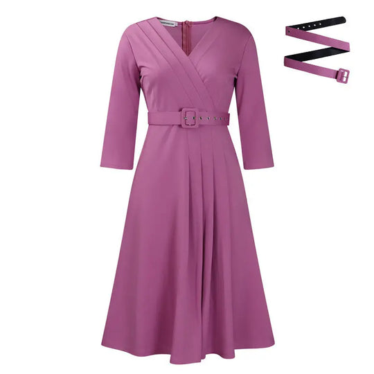 Women's Elegant V-Neck Cross-Wrap A-Line Dress With Belt & Ruffled Hem - Office & Casual Solid Dress For Spring&Summer Beauty hair & fashionfj