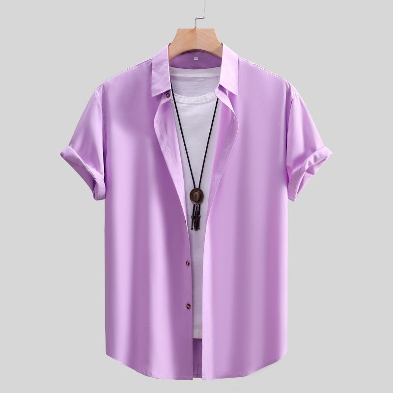 Men's Short-sleeved Shirt Solid Color Summer Beauty hair & fashionfj