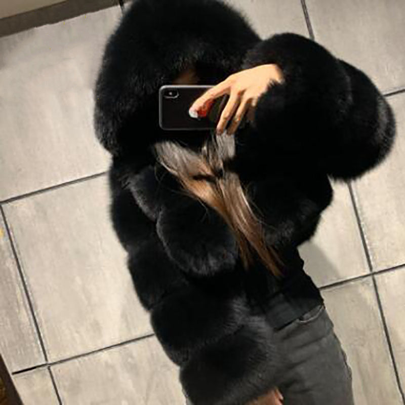 European And American Short Hooded Fur Coat