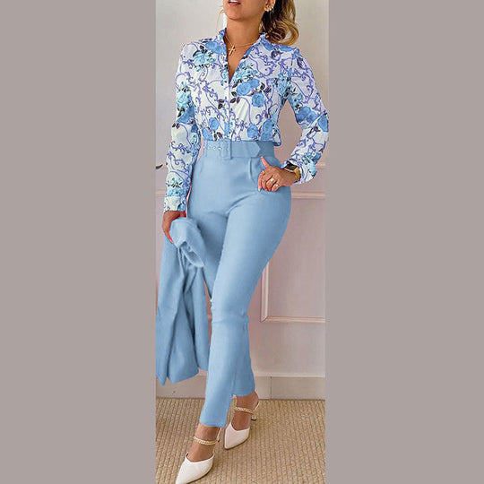 Women's Fashionable Printed Long-sleeved Shirt And Trousers Suit Beauty hair & fashionfj