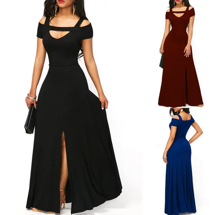 V-neck off-the-shoulder split long skirt Beauty hair & fashionfj