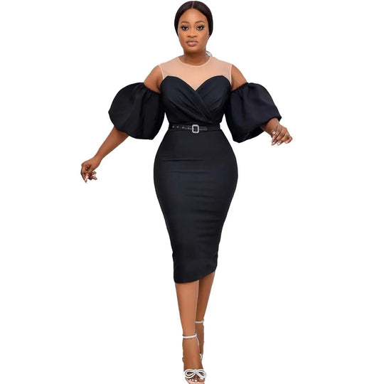 African Women's Color Matching Puff Sleeve Plus Size Dress Beauty hair & fashionfj