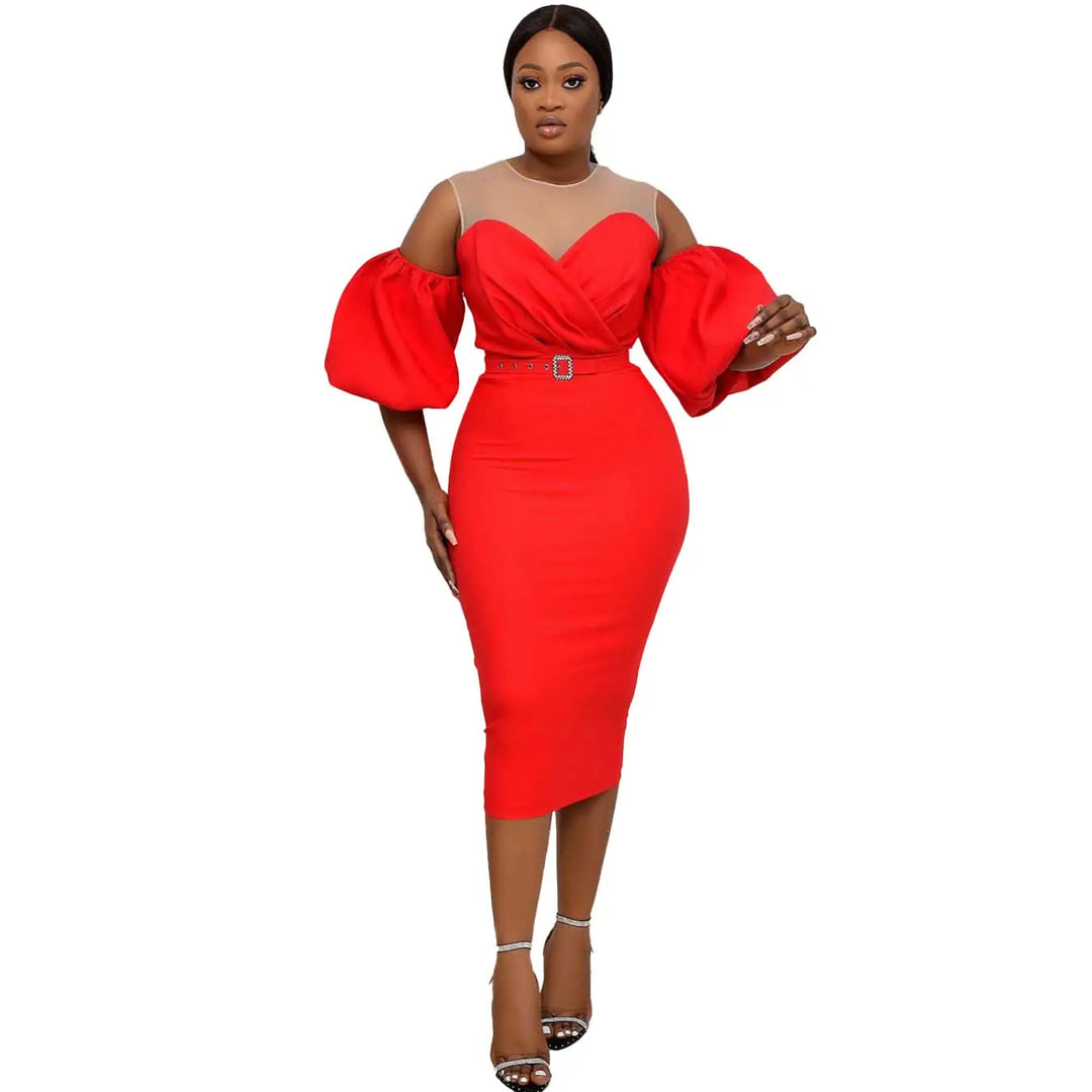 African Women's Color Matching Puff Sleeve Plus Size Dress Beauty hair & fashionfj