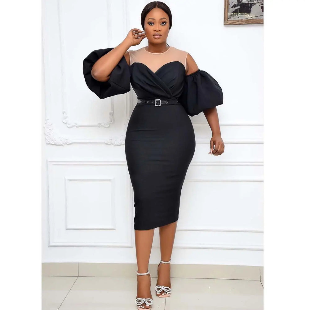 African Women's Color Matching Puff Sleeve Plus Size Dress Beauty hair & fashionfj