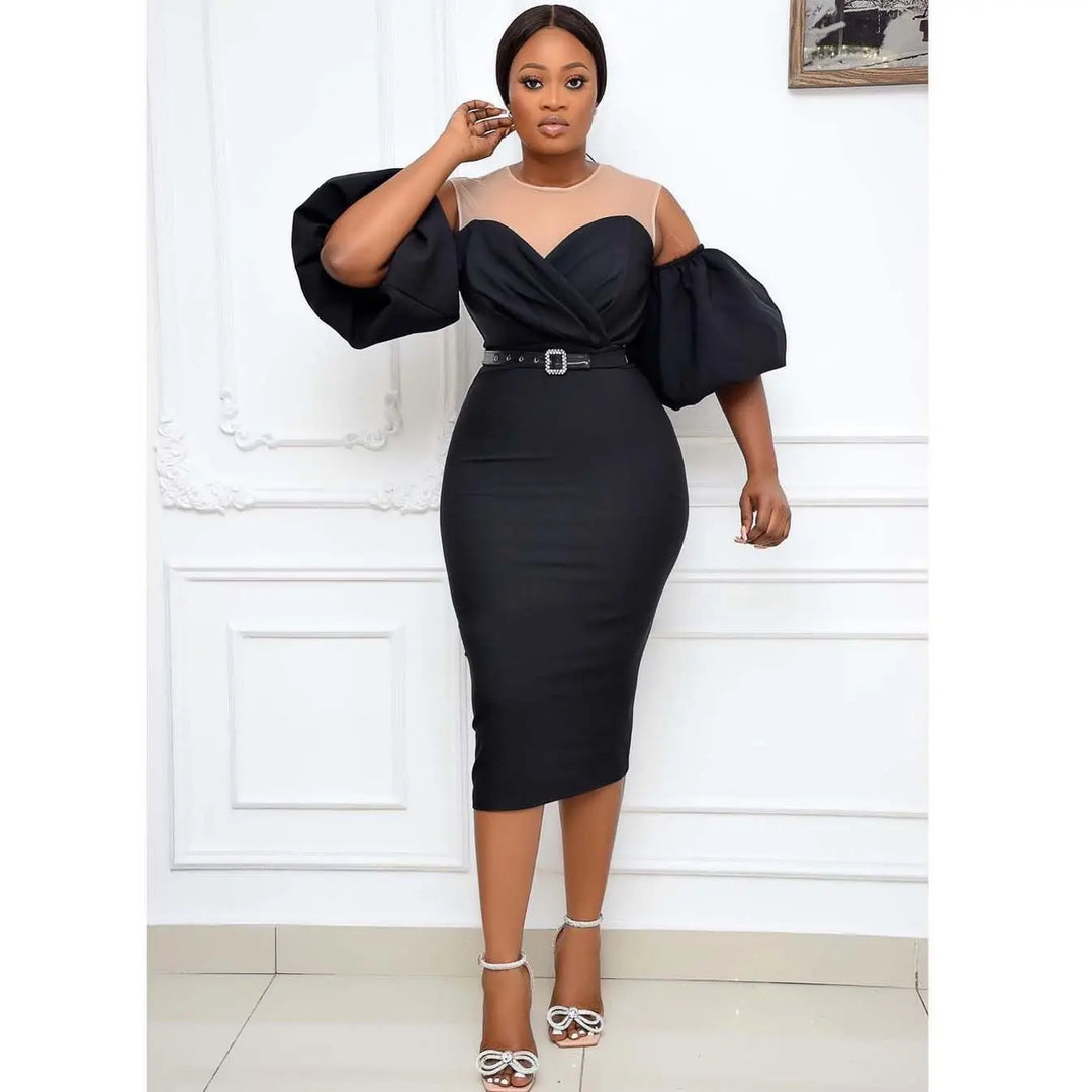 African Women's Color Matching Puff Sleeve Plus Size Dress Beauty hair & fashionfj