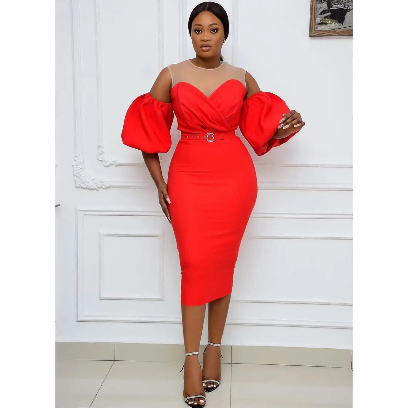 African Women's Color Matching Puff Sleeve Plus Size Dress Beauty hair & fashionfj