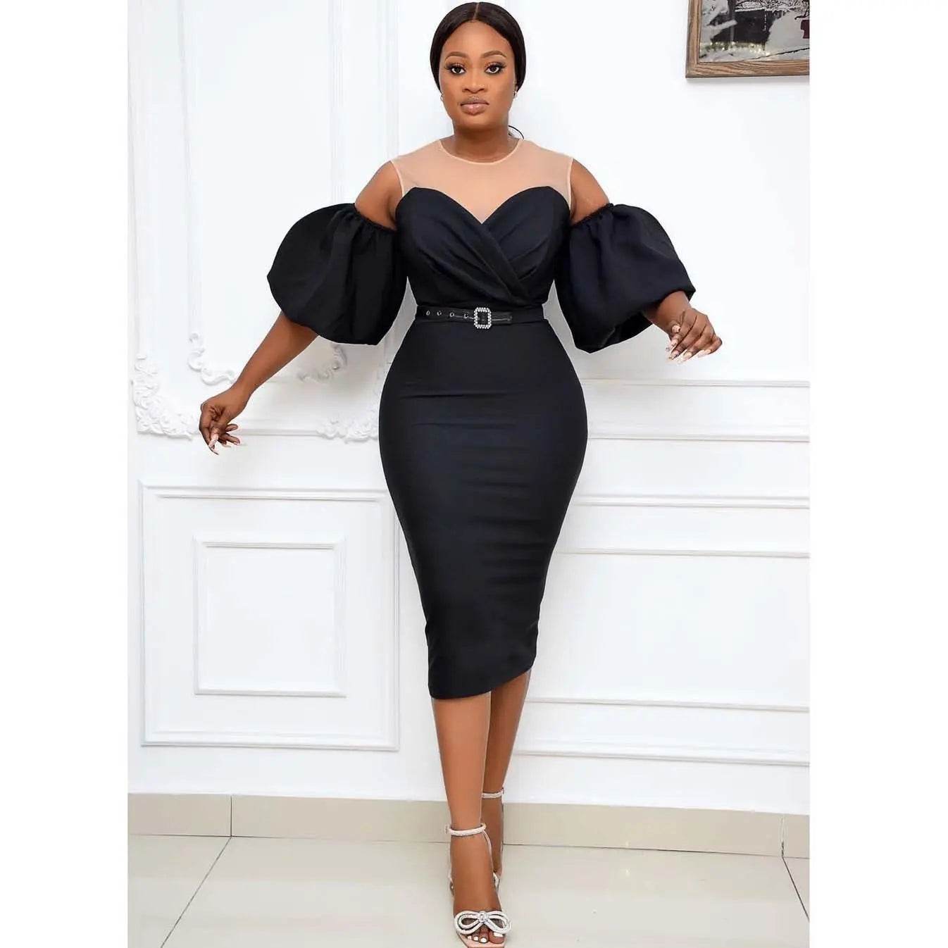 African Women's Color Matching Puff Sleeve Plus Size Dress Beauty hair & fashionfj