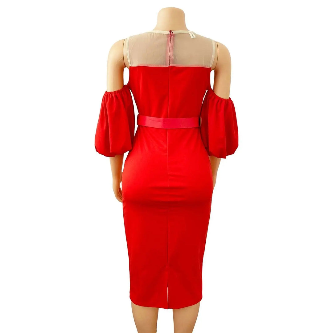 African Women's Color Matching Puff Sleeve Plus Size Dress Beauty hair & fashionfj