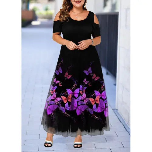 Short Sleeve Off-shoulder Plus Size Purple Print Dress Beauty hair & fashionfj