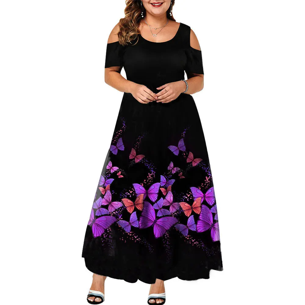 Short Sleeve Off-shoulder Plus Size Purple Print Dress Beauty hair & fashionfj