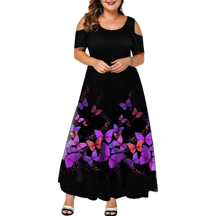 Short Sleeve Off-shoulder Plus Size Purple Print Dress Beauty hair & fashionfj