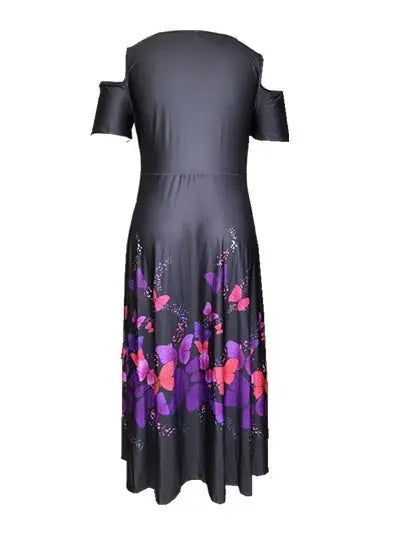 Short Sleeve Off-shoulder Plus Size Purple Print Dress Beauty hair & fashionfj