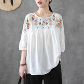 Retro Embroidery Small Flower Round Neck Short-Sleeved T-Shirt Women Loose Baby Shirt Summer And Autumn New Five-Point Sleeve Cotton Top Beauty hair & fashionfj