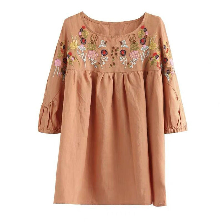 Retro Embroidery Small Flower Round Neck Short-Sleeved T-Shirt Women Loose Baby Shirt Summer And Autumn New Five-Point Sleeve Cotton Top Beauty hair & fashionfj